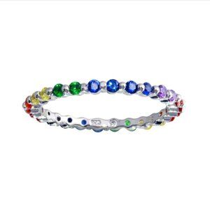 Sterling Silver 925 Rhodium Plated Multicolored Rainbow CZ Eternity Ring